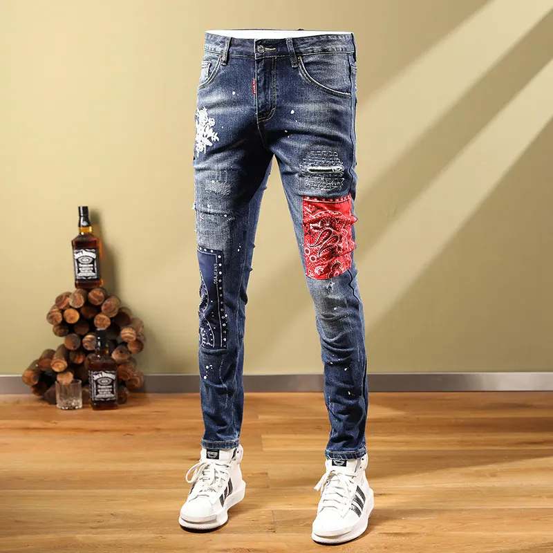 Streetwear Fashion Men Jeans Retro Blue Elastic Slim Fit Ripped Jeans Men Embroidery Patch Designer Hip Hop Denim Pants Hombre