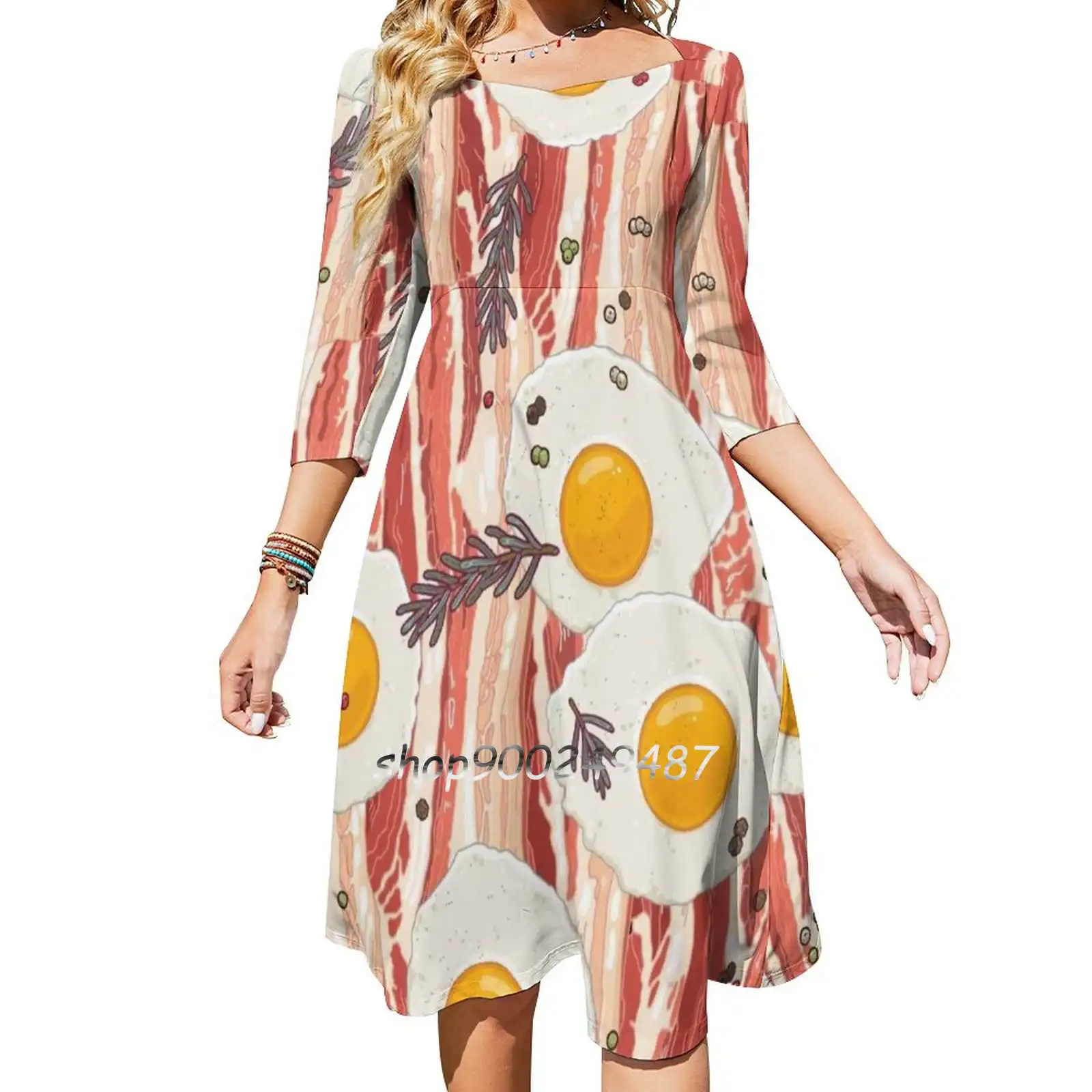 

Bacon And Eggs Square Neck Dress New Plus Size Elegant Women Waist Tight Dress Food Eggs Bacon Meat Love Egg Pepper Gourmet