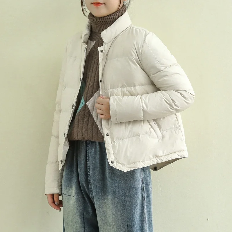 Fashion Autumn and Winter Down Jacket Women's Solid Color Stand-up Collar Single-breasted Short Lightweight Chic Casual Jacket