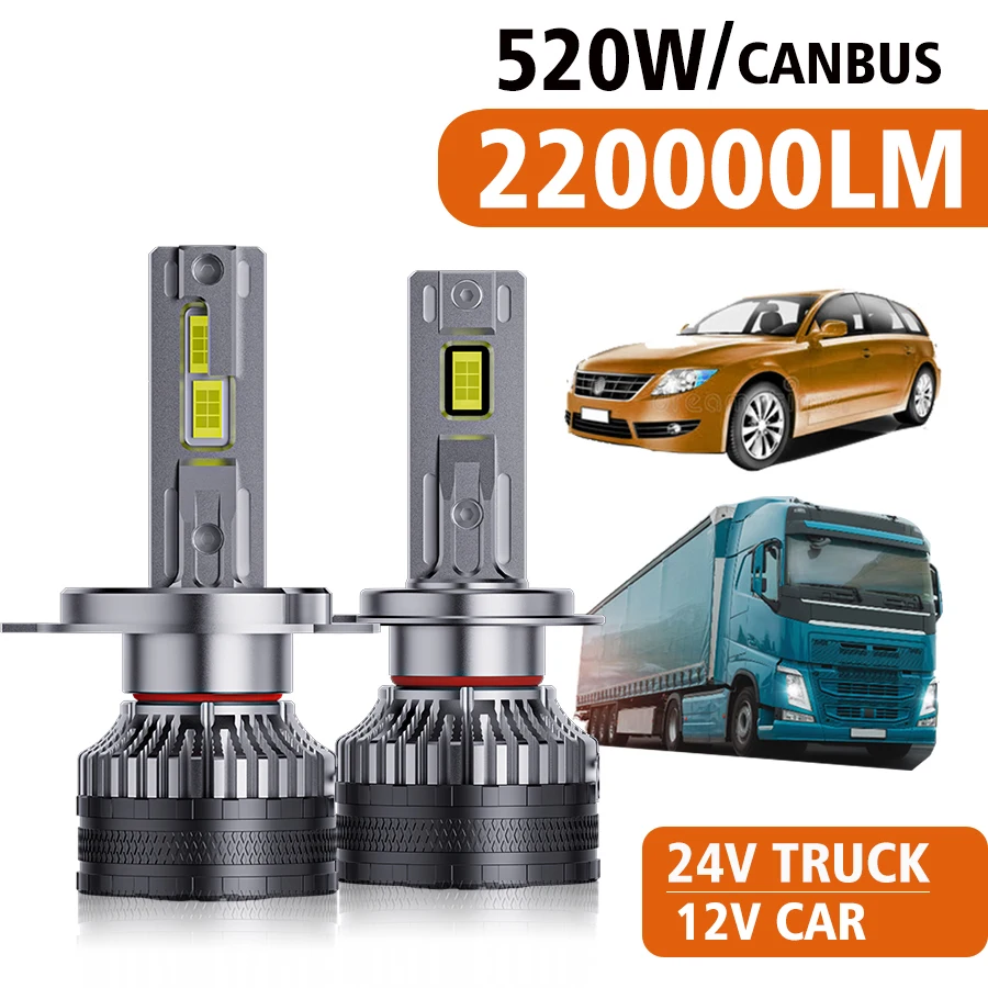 

2PCS H4 H11 LED H7 Headlight 220000LM 520W High Power H1 H8 H9 HB4 HB3 9005 9006 9012 Turbo Lamp 6000K 12V Car 24V Truck Light