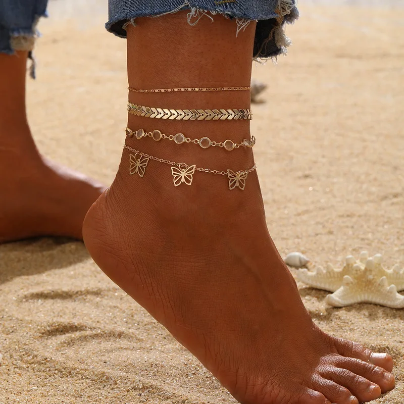 

Vintage Boho Butterfly Pendant Anklet For Women Shiny Rhinestone Fishtail Starfish Shell Summer Beach Anklets On Foot Jewelry