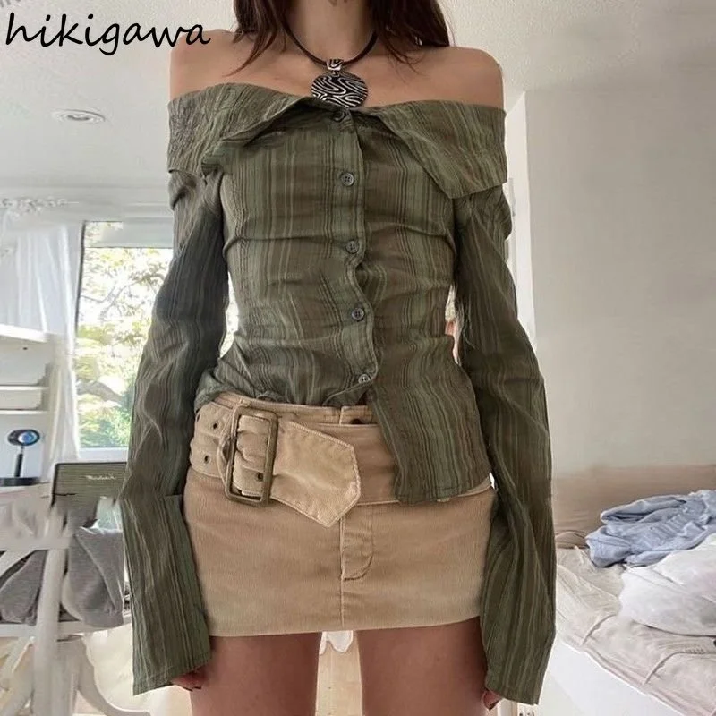 

Harajuku Women Shirt Sexy Slash Neck Off Shoulder Blouses Fashion Striped Tunic Casual Vintage Blouse Y2k Tops Blusas De Mujer