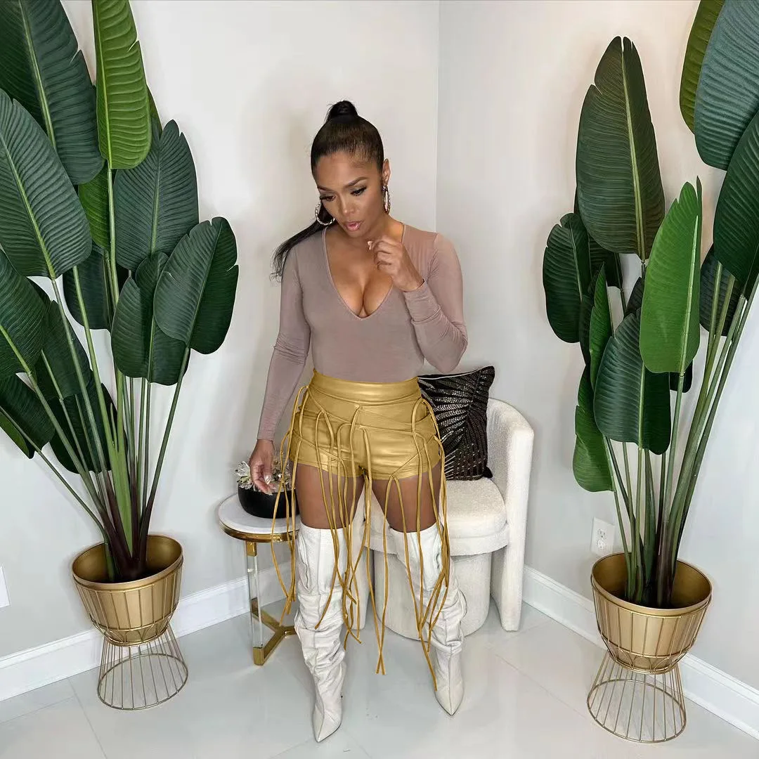 

Casual Women PU Leather Pants Tassel Short Pants Streetwear High Waist Summer Clothes For Women Outfit