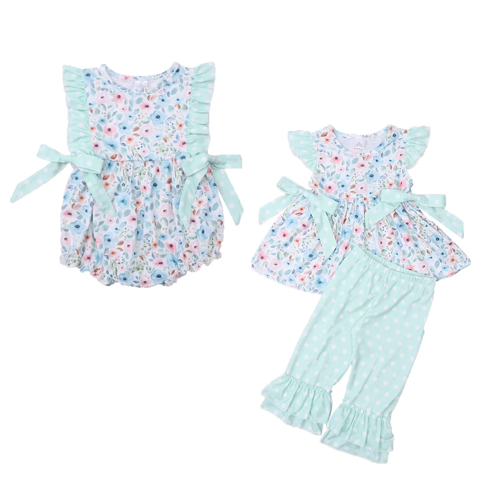 

Детский хлопковый комплект с коротким рукавом, круглым вырезом и синим цветочным принтом, одежда для девочек и зеленый комбинезон с бантом, 2023