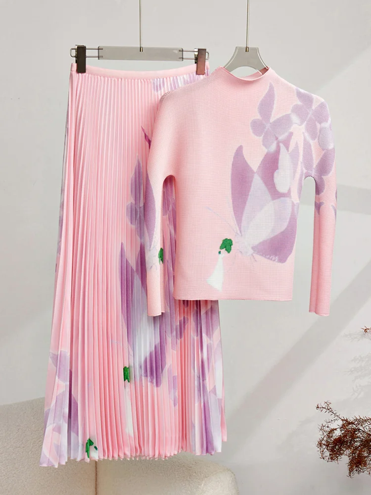 

TVVOVVIN Pieces Two Pleated Print Set For Women Mock Neck Full Sleeve Top Elegant Loose Skirt Female Autumn New Fashion RGJQ