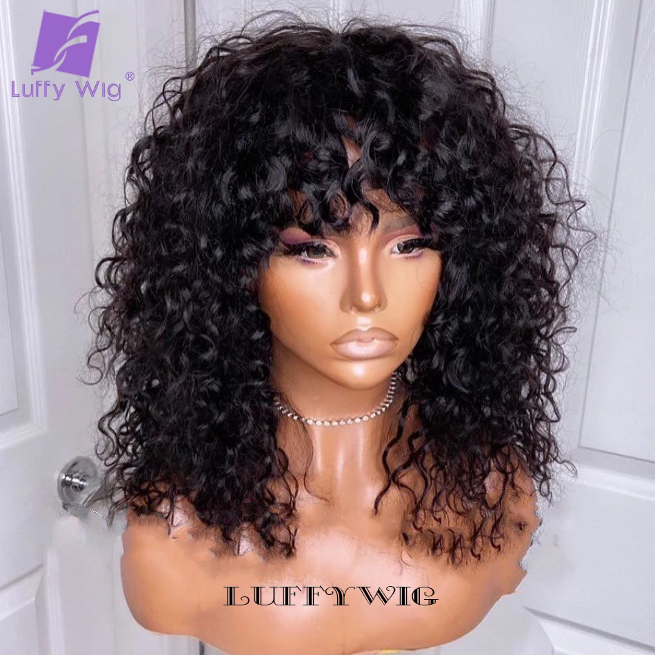 180 Density Curly Full Machine Made Scalp Top Wig With Bangs Remy Brazilian Curly Human Hair Wigs For Women Glueless LUFFY
