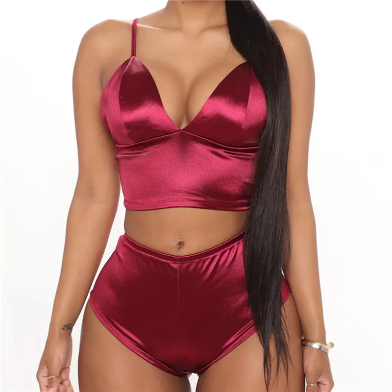 

Women Two Piece Set Tops And Shorts 2 Piece Sets Summer Sexy Pantsuits Slim Lingerie Satin High Waist Shorts Suits Sexy Outfits