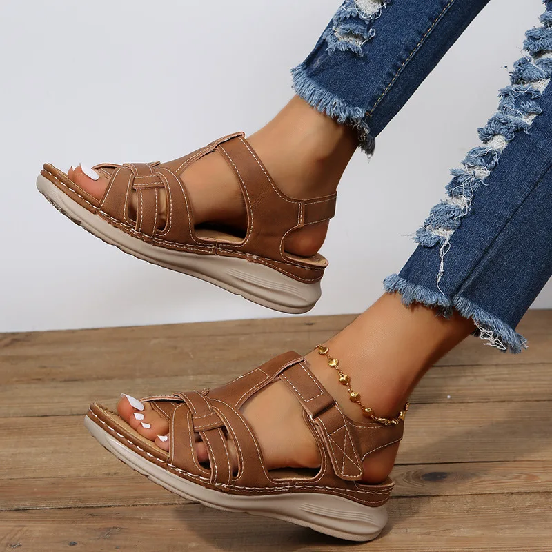 

Summer Fashion Retro Women's Flat Sandals Soft Bottom Round Toe Wedge Casual Breathable Non-slip Sandals Women