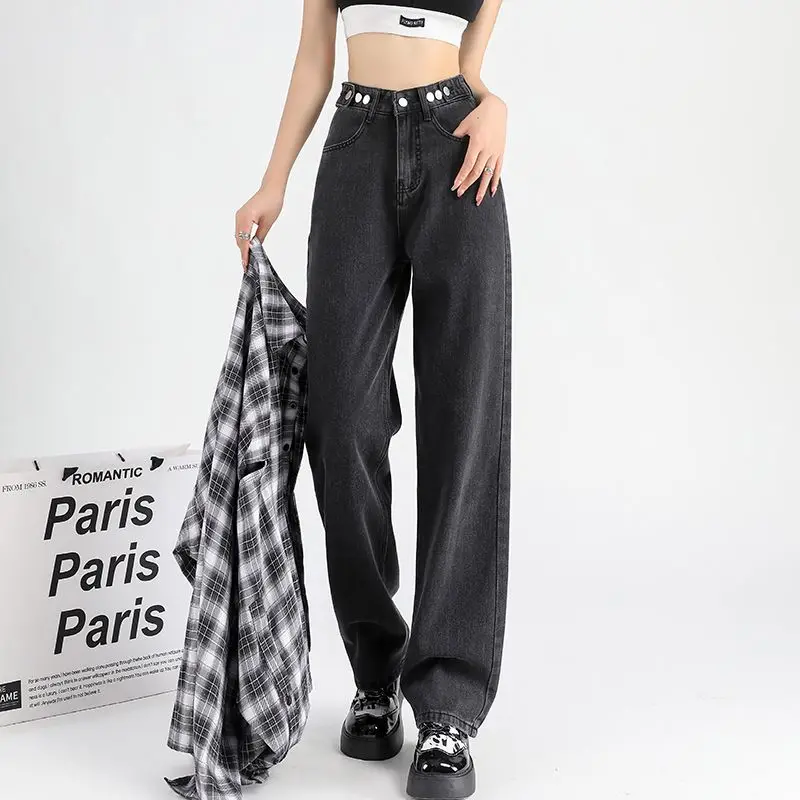 

2022 осенние мешковатые джинсы для женщин, черные, серые свободные прямые джинсовые брюки с высокой талией, повседневные джинсовые брюки, модель 9500