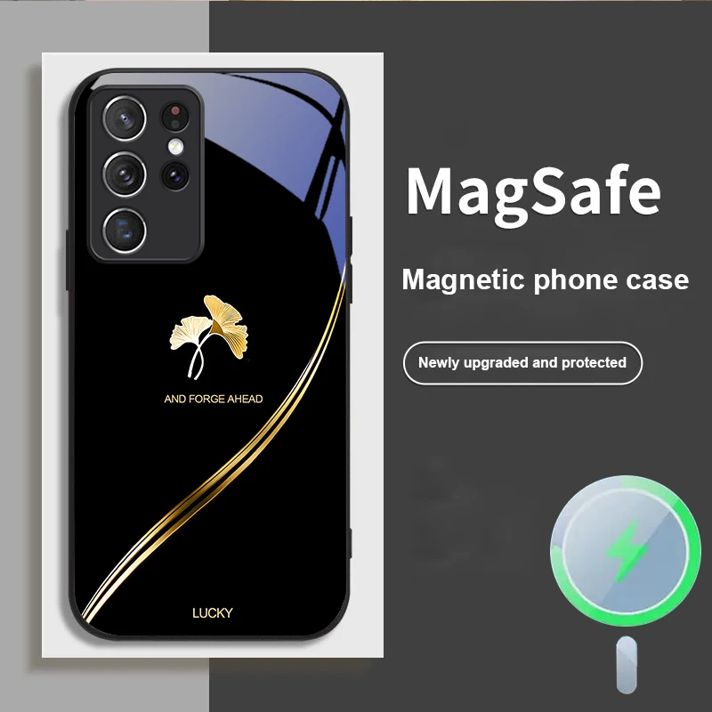 Фото Золотая фольга с листьями гинкго для Samsung S 25 S25 Edge S25Ultra S8 9 10 20 S21 Pro S22 Plus S23 FE S24 Ultra Magsafe Glass Phone Case №2