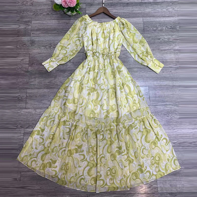 

Long Sleeve Red &Yellow& Green Color Chiffon Women Dress Flower Print Belt Lady Long Spring Dresses Clothes