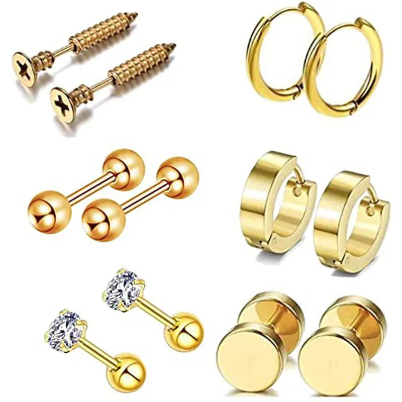

6 Pairs Men's Stainless Steel Stud Earrings Set for Street Pop Punk Rock Style Earring Hoops Gold Suitable For Men And Women