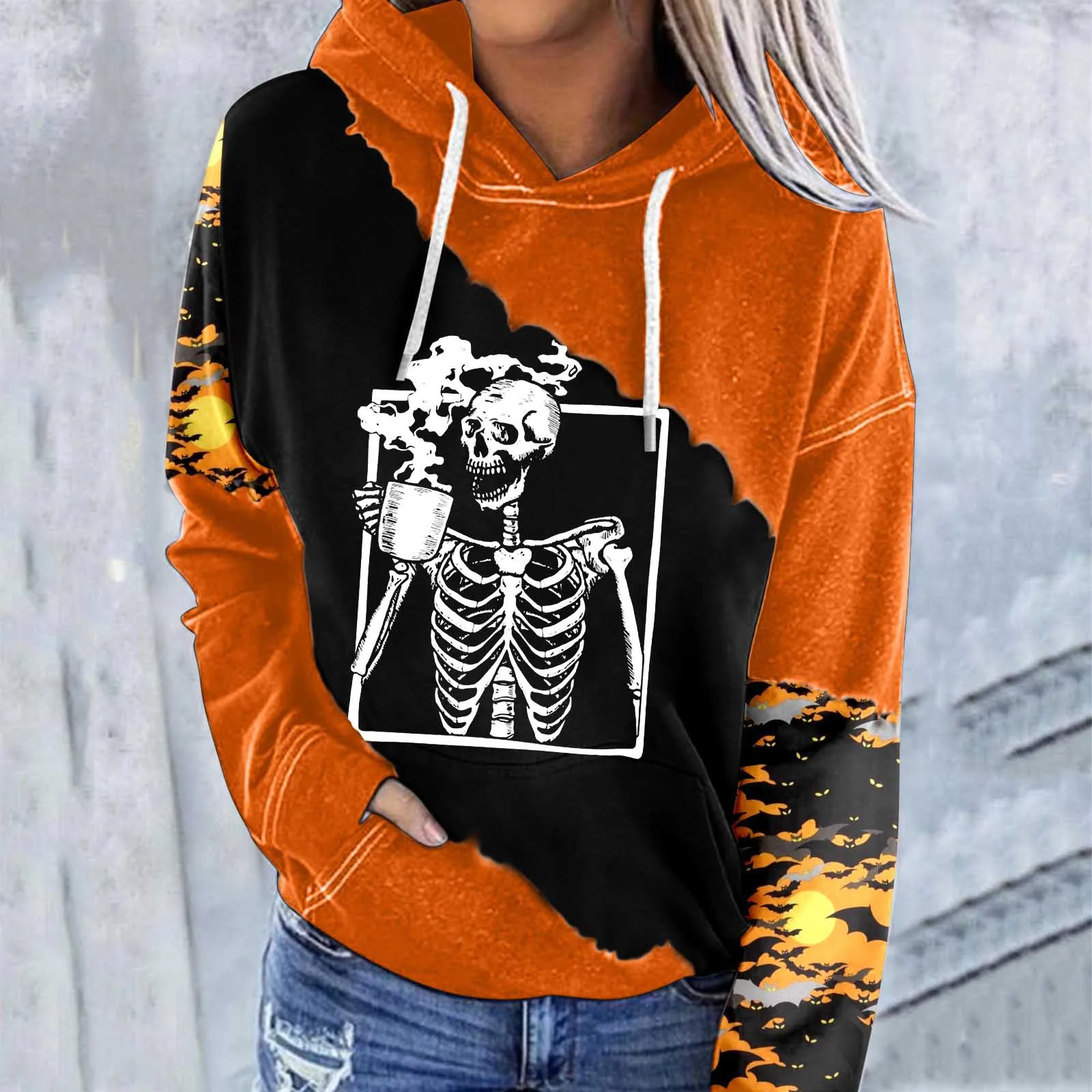 

Women Casual Hoodie Halloween Print Colorblock Women Long Sleeve Pullover Sweater Light Tops Women Long Sweatshirt Zip up Women