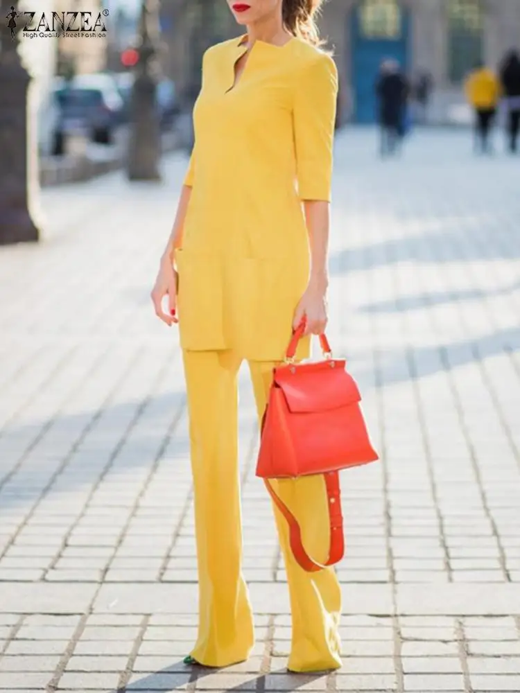 

ZANZEA Square Neck Half Sleeve Long Blouse 2pcs Outfits Office Lady Tracksuit Women Top and Pant Elastic Waist Trouser Pant Sets