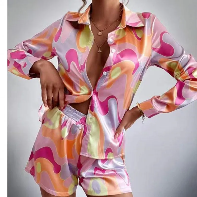 

Summer 2 Two Piece Set For Women Casual Printed Shorts And Long Sleeve Shirt OL Fashion Suit Lady Street Matching Sets 2022 New