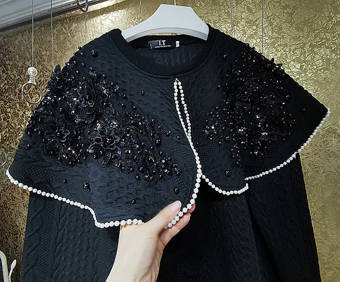 High Quality Heavy Beaded Flower Doll Collar Loose Hoodie Oversized Clothes Black Hoodies Fashion Tops 2022 Women