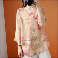 2022 female floral printed chinese top daily casual blouse national chinese style hanfu tops for women cotton linen thin blouse
