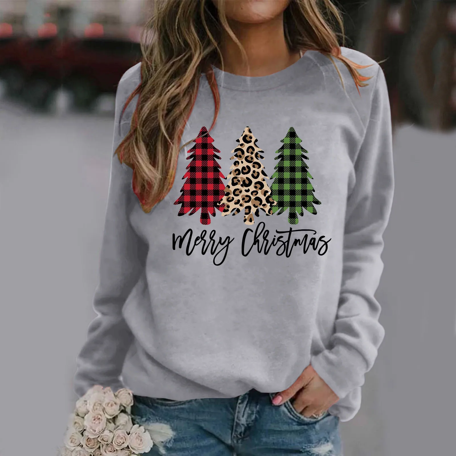 

Merry Christmas Clothing O-neck Pullovers Women Leopard Tree Star Plaid Cute Lovely Fashion Printing Female Graphic Sweatshirts
