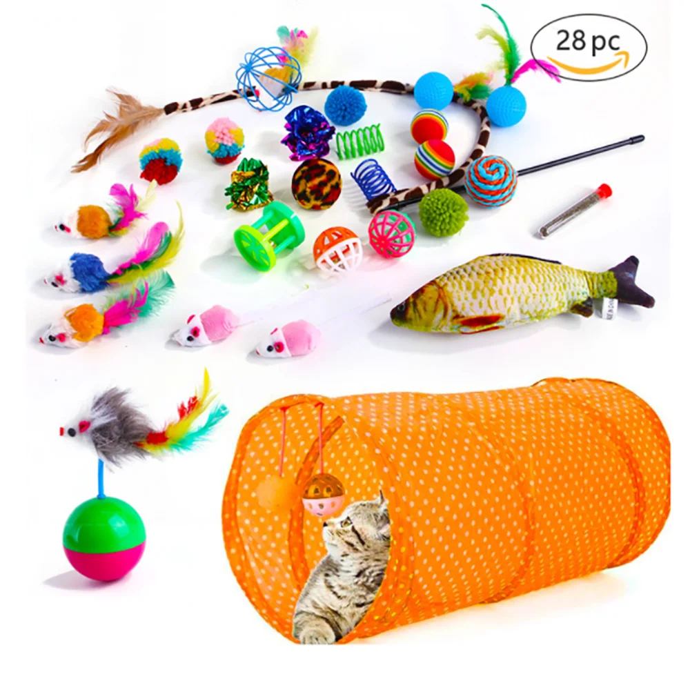 

28Pcs Cat Toys Set Kitten Toys Assorted Cat Tunnel Catnip Fish Feather Teaser Wand Fish Fluffy Mouse Mice Balls and Bells Toys