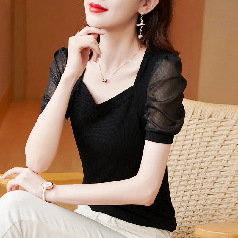 Fashion Solid Color Spliced All-match Puff Sleeve Blouse Women's Clothing 2023 Spring New Casual Pullovers Loose Commute Shirt