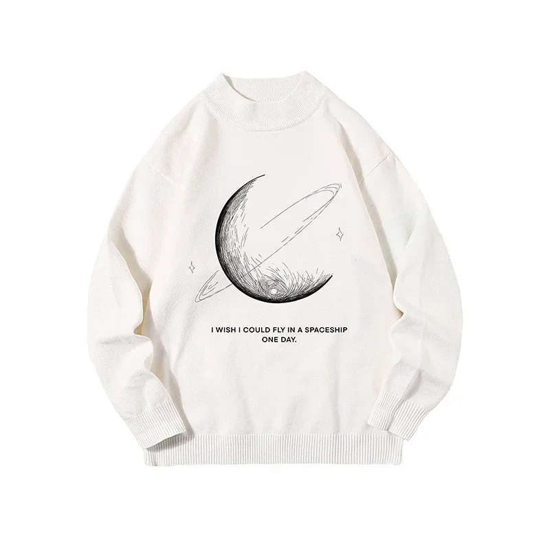 Мужской Свитер оверсайз белый осенний вязаный свитер 5XL Забавный принт Луны