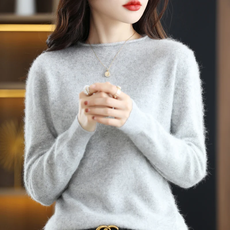 

Women's Curled Hem Half High Collar Mink Cashmere Sweater Long Sleeved Basic Pullover Autumn And Winter Soft Versatile Top