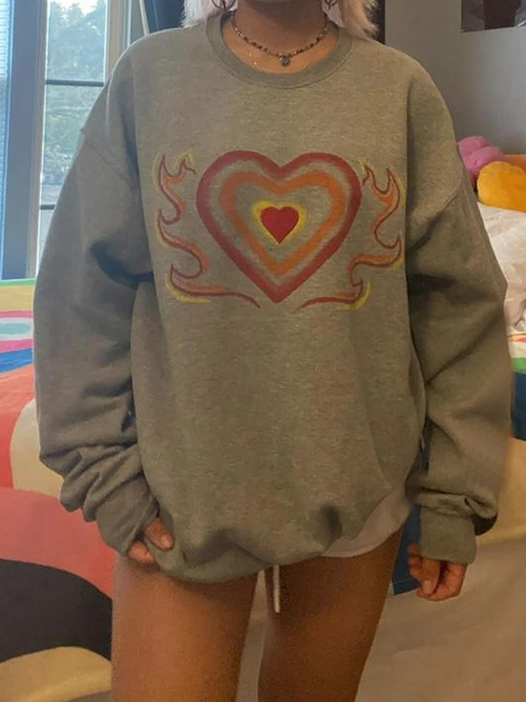 

Уличная одежда 2022, футболки большого размера с принтом огненного сердца, футболки с длинным рукавом, в стиле хип-хоп, сохраняющие тепло, Модн...