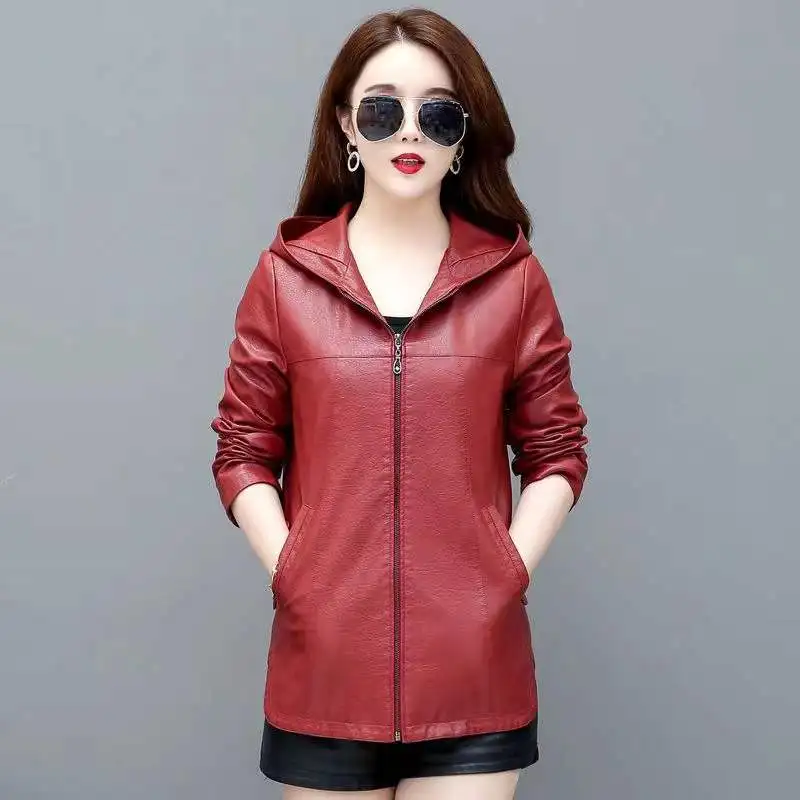 L-5XL New Woman Hooded Sheepskin Jacket Spring Autumn Fashion Casual Loose Mid-length Outerwear Split Leather Tops Coat Female