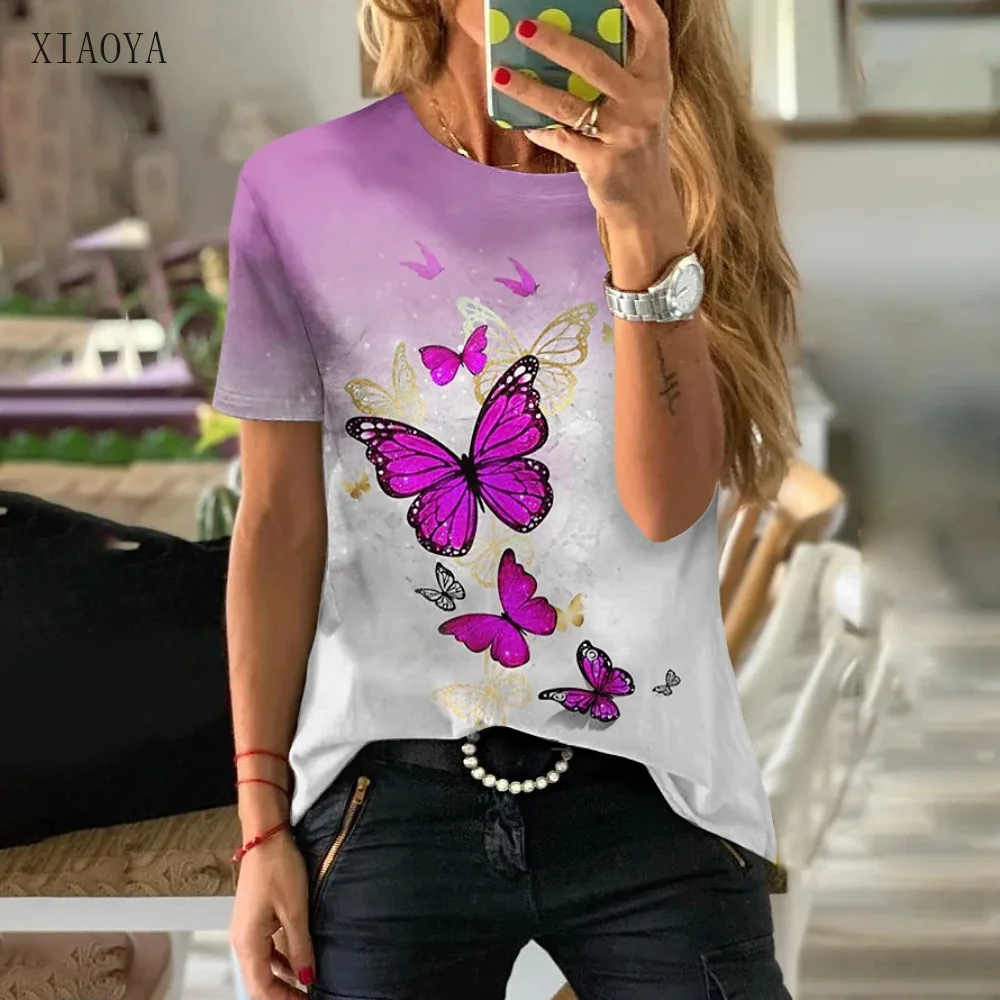 

Summer New T-shirts For Women Fashion Butterfly Print Short Sleeve Multicolor T shirt Woman Daily Casual Hot Sale Female Shirt