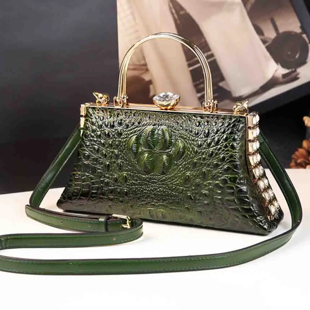 

Luxury Ladies Evening Bag Crocodile Pattern High Quality PU Leather Shiny Diamond Clip Clutch Bag Women Top Handle Bag 2023 New