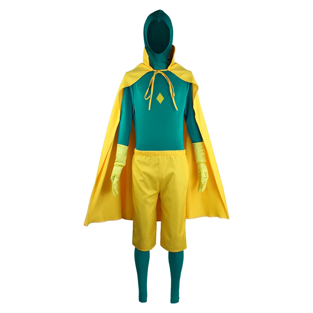 Takerlama Superhero Cosplay Jumpsuit with Yellow Cloak Cap Adult Halloween Costume Bodysuit Shorts Gloves Outfits Sets |