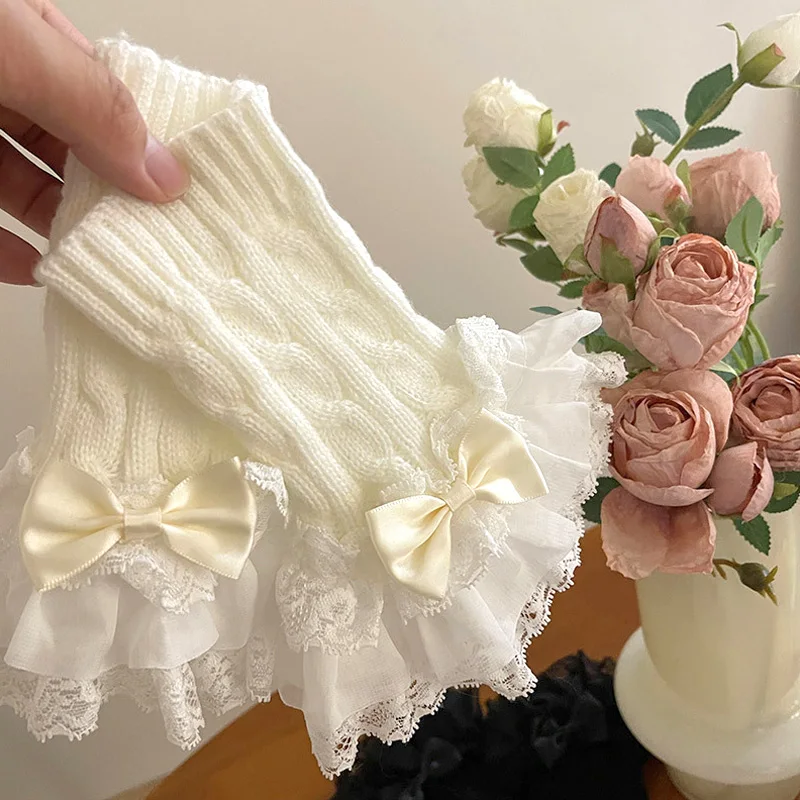 

Fashion Lace Bow Knot Gloves Finger Less Gothic Women Clothing Accessories Winter Warm Sleeve Decorative False Sleeve Gloves