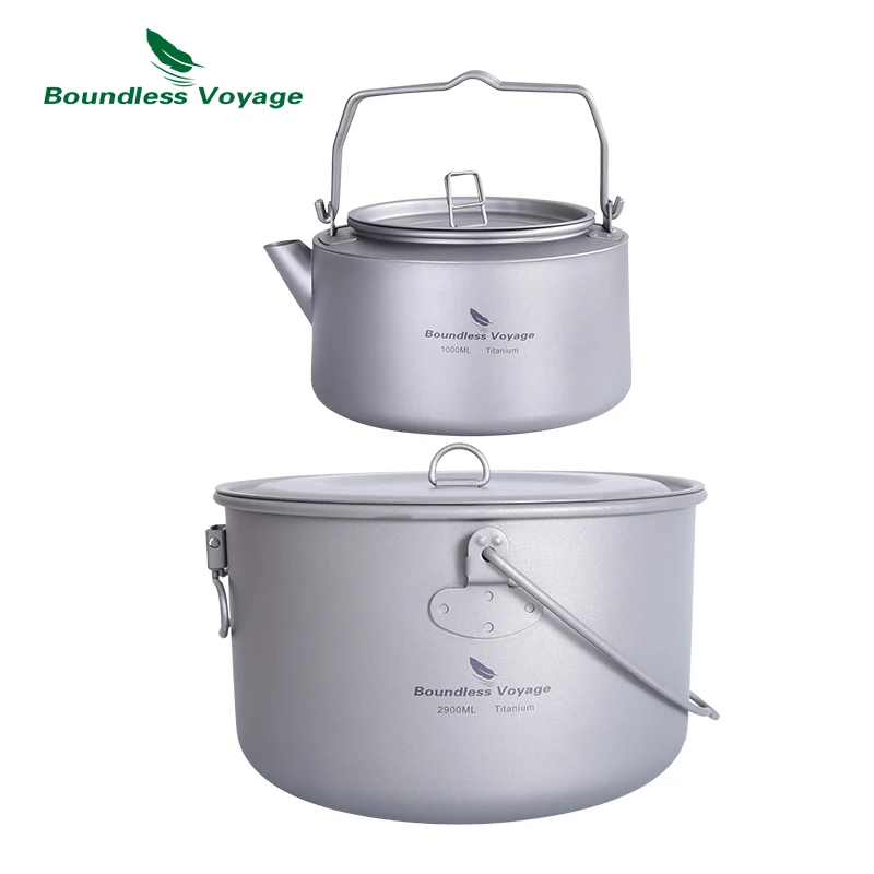 

Boundless Voyage 2900ml Titanium Hanging Pot with 1L Water Kettle Outdoor Camping Cooking Kit Lightweight Teapot Cookware Set