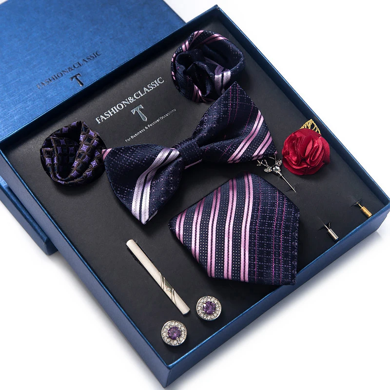 Vangise Brand Newest design Silk Tie Handkerchief Pocket Squares Cufflink Set Bow Tie Clip Necktie Box Plaid Father's Day