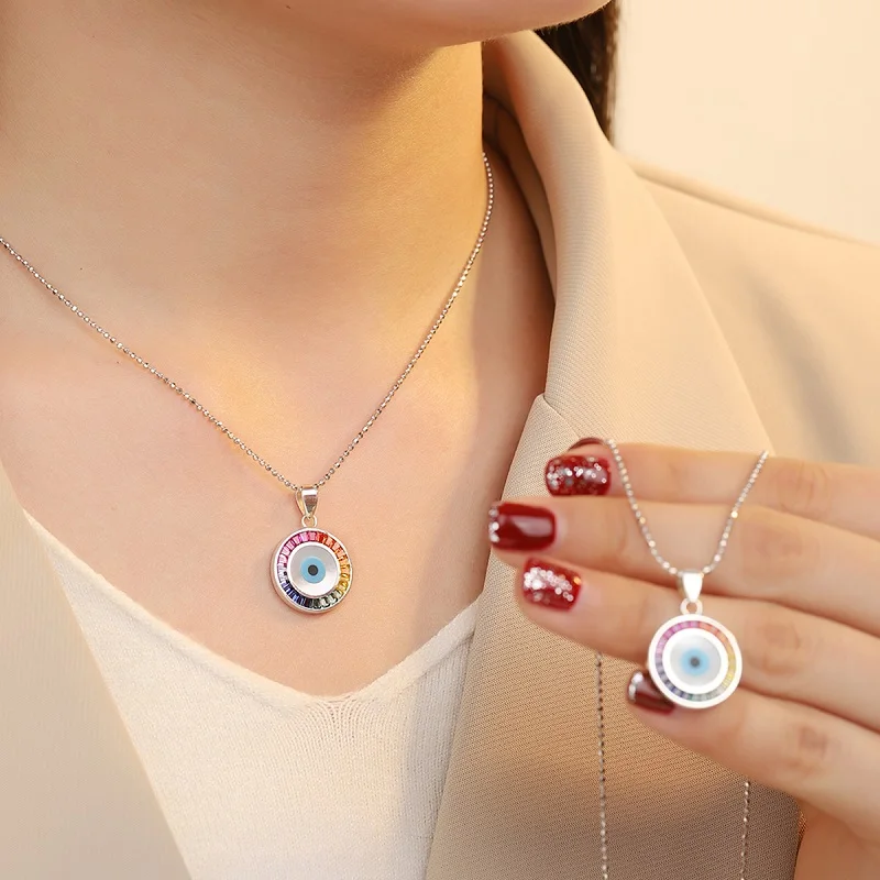 

Evil Eye Necklace 925 Sterling Silver Rainbow Pendant Diamond Eye Pendant Chain for Party Unisex Jewelry