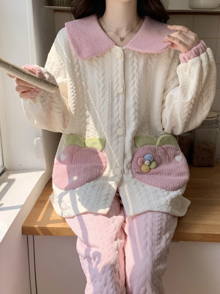 Пижамы женские осенние и зимние утолщенные сэндвич-воздушные хлопковые