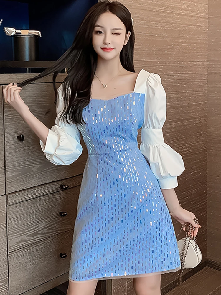 

Женское мини-платье с квадратным вырезом, Элегантное повседневное и вечернее платье составного кроя с блестками в Корейском стиле для выпускного вечера, Осень-зима 2023
