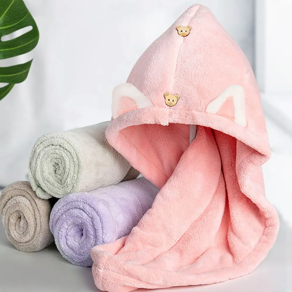 

2Pcs Cute Women's Head Scarf Cat Ear Microfiber Coral Fleece Quick DryingTowel Terry Towels Shower Caps Dry Hair Cap