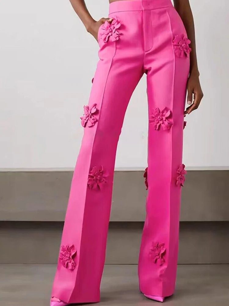 Hot Pink Pants Embroidery Flower New Fashion Three Dimensional Flower Decoration Flare Trousers Suit Lounge Pants Women 2023