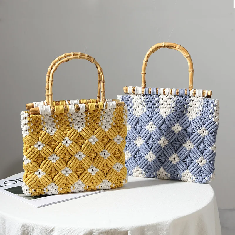 

Cotton Thread Crochet Women Handbags Bamboo Handle Tote Woven Bags for Women 2022 Luxury Brands Knitting Clutch Purses Flap Ins