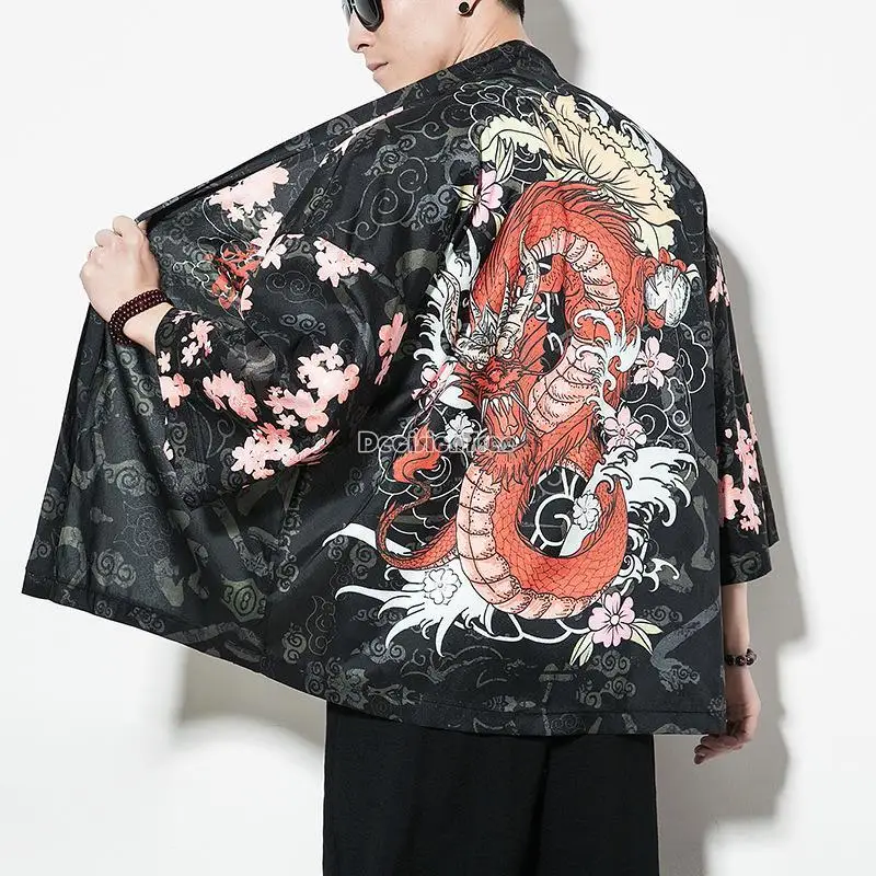 

2022 kimono cardigan men 5XL japanese coat obi yukata haori japanese wave dragon print coat traditional japan clothing q137