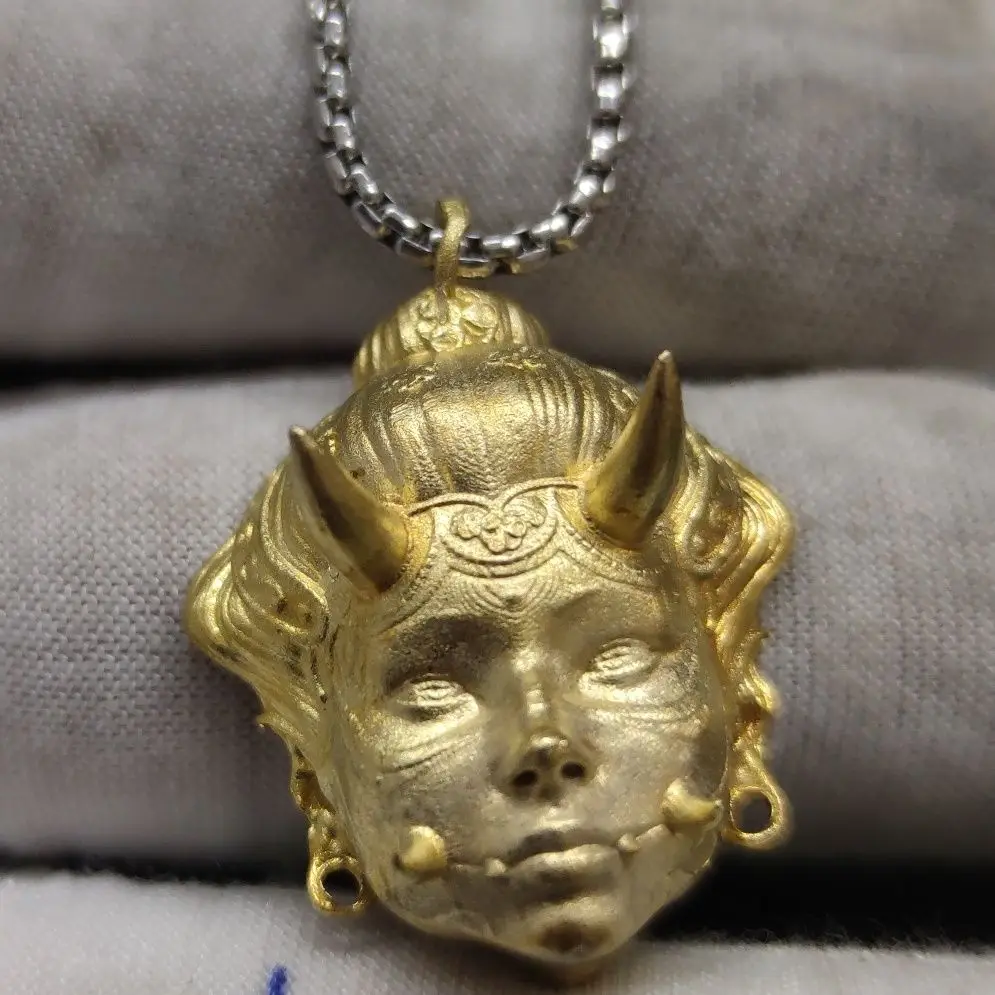 3.2cm gold pure copper female ghost prajna necklace ghost mask pendant devil beast face skull punk domineering trend key chain images - 6