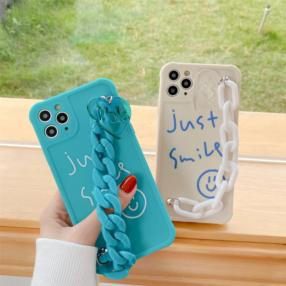 

Чехлы для телефонов с браслетом Just Smile для iphone 12, 11 pro, max, X, XS, XR, 7, 8 Plus, SE 2020, 12, мягкий чехол мини с синей и белой цепочкой