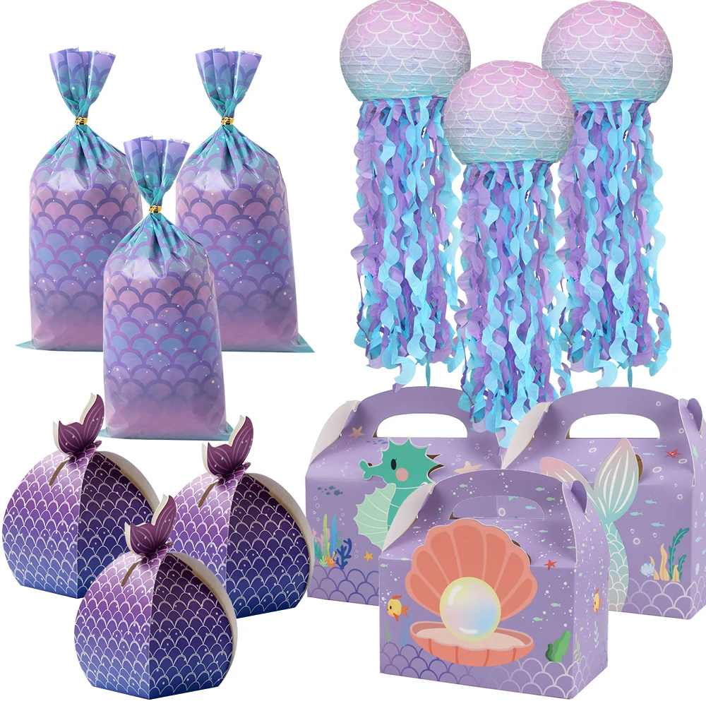 

5/25/50PCS Purple Mermaid Boxes Beauty Scale Candy Packaging Bags for Kids Mermaid Birthday Party Supply Wedding Cookie Packing