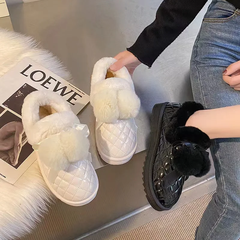 

Ladies winter lazy slip-on snow boots cute plaid bow warm women's boots flat trendy fashion casual shoes