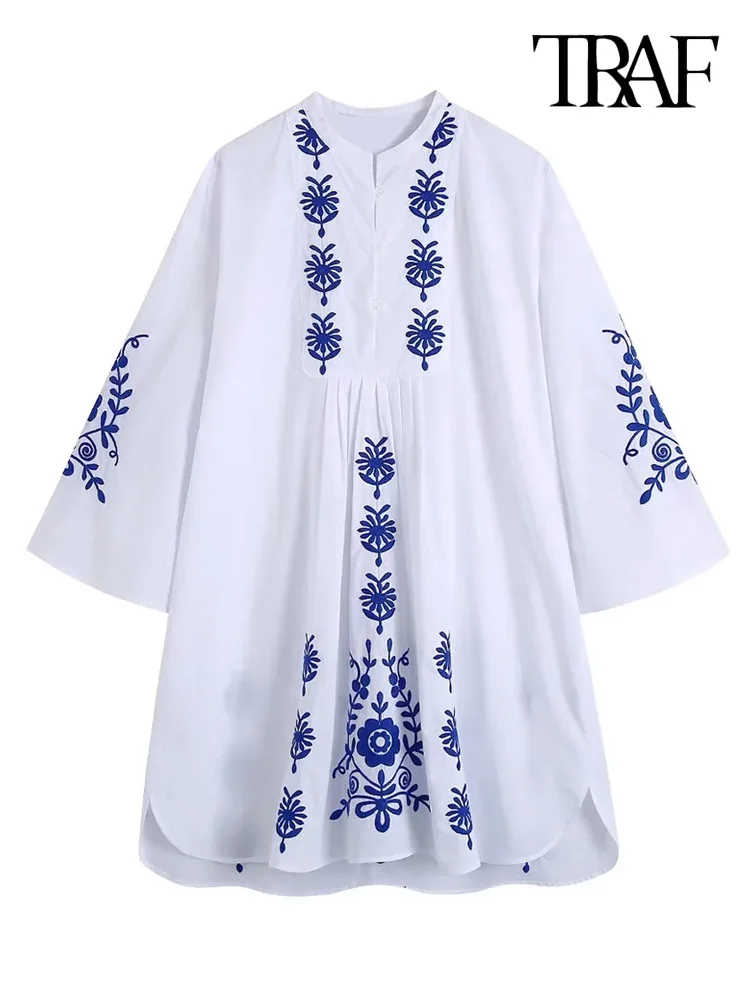 

TRAF Women Fashion Floral Embroidered Pleats Mini Dress Vintage Three Quarter Sleeve Side Vents Female Dresses Vestidos