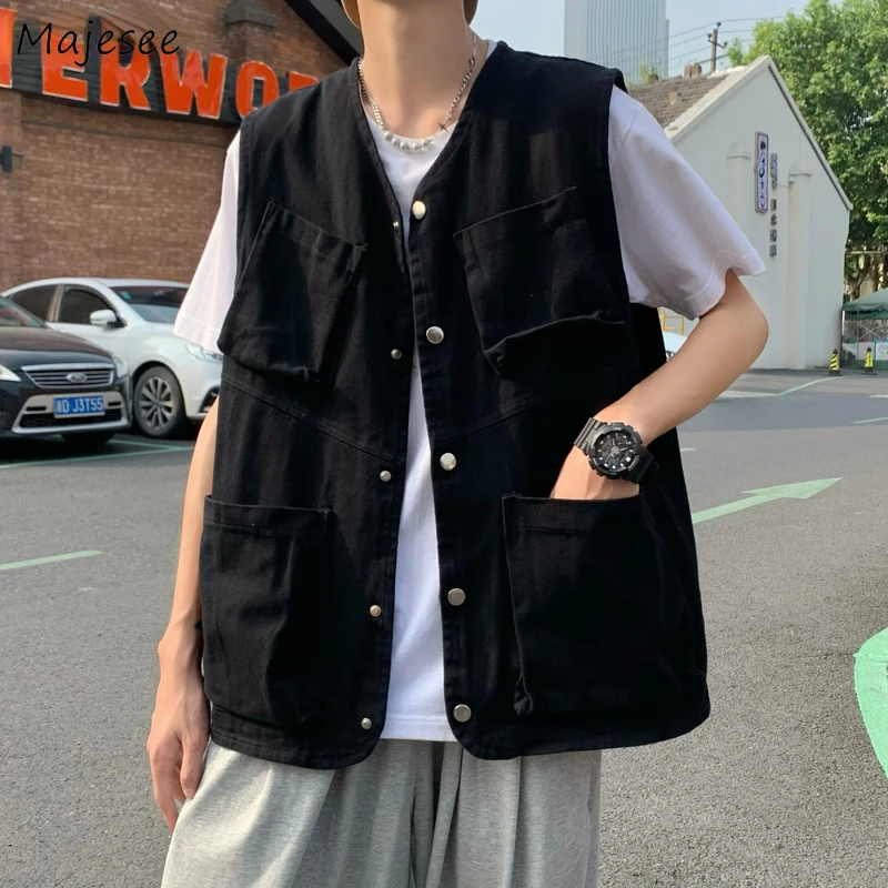 Vests Men Big Pockets Teens Tooling Design Teens Fashion Sleeveless Clothing Dynamic Popular Japanese Harajuku Casual All-match