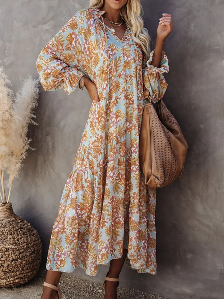 

Vintage Floral Print Women V-Neck Tassel Loose Boho Dress Elegant Pleated Long Sleeve Max Dresses Casual Summer Beach Dress Lady