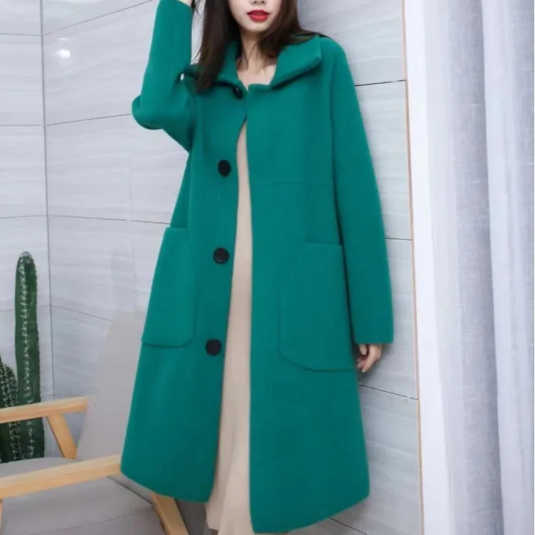 

Imitation double-sided woolen coat Women's mid length autumn/winter new loose collar bright large pocket woolen coat Women