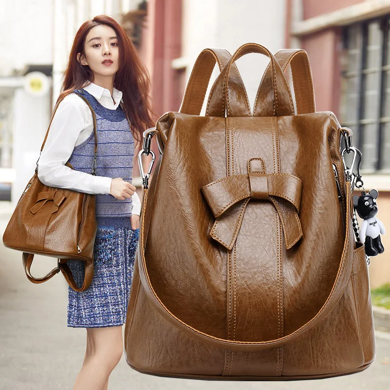 

2022 new anti-theft soft leather backpack women fashion multi-purpose bow large capacity backpack leisure travel shoulder bag SP